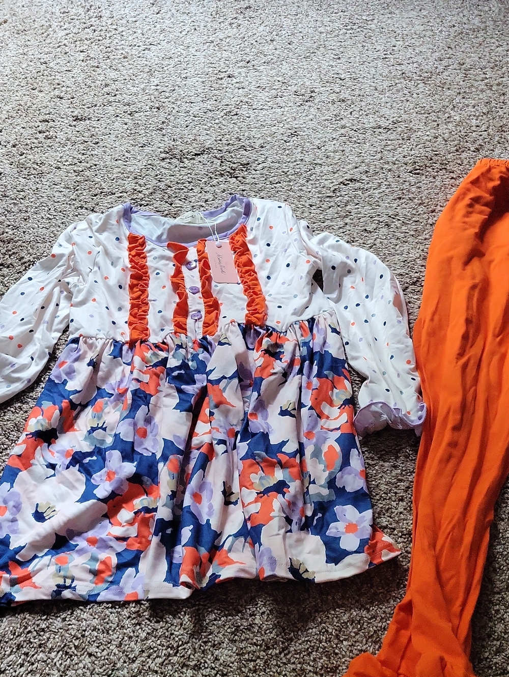Girls Floral & Polka Dot Long Sleeve Boutique Outfit with Orange Ruffle Detail